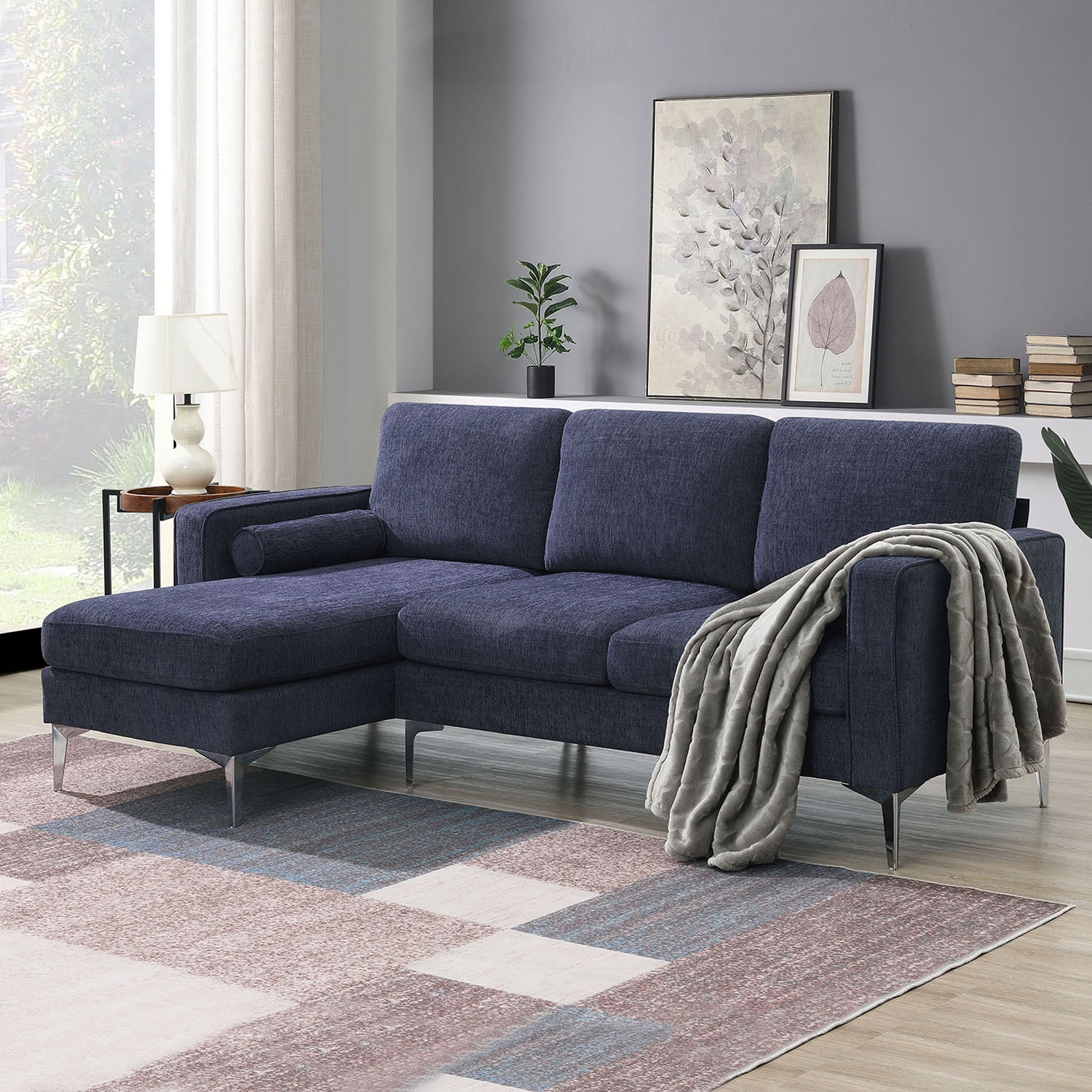 Kadyn 86" Convertible Sectional Sofa, Modern Chenille Fabric Sofa with Reversible Chaise and 2 Pillows, L-Shaped 3-Seat Sofa for Apartment, Blue+Grey