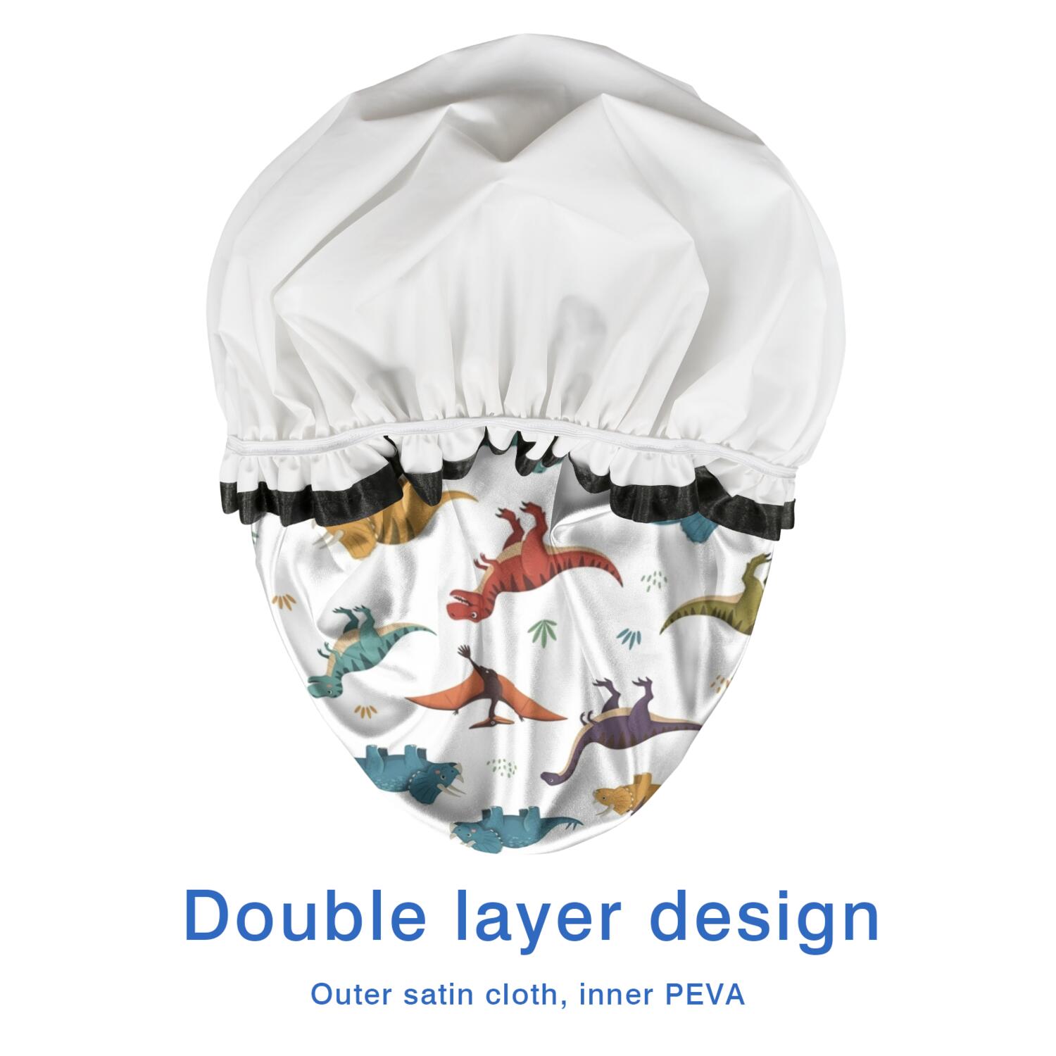 Shower Caps,White Dinosaurs Pterosaurs Plants Pattern Waterproof Shower Cap for Women 4 Pieces,Double Reusable Hair Cover for Shower PEVA Elastic Stretch Hem