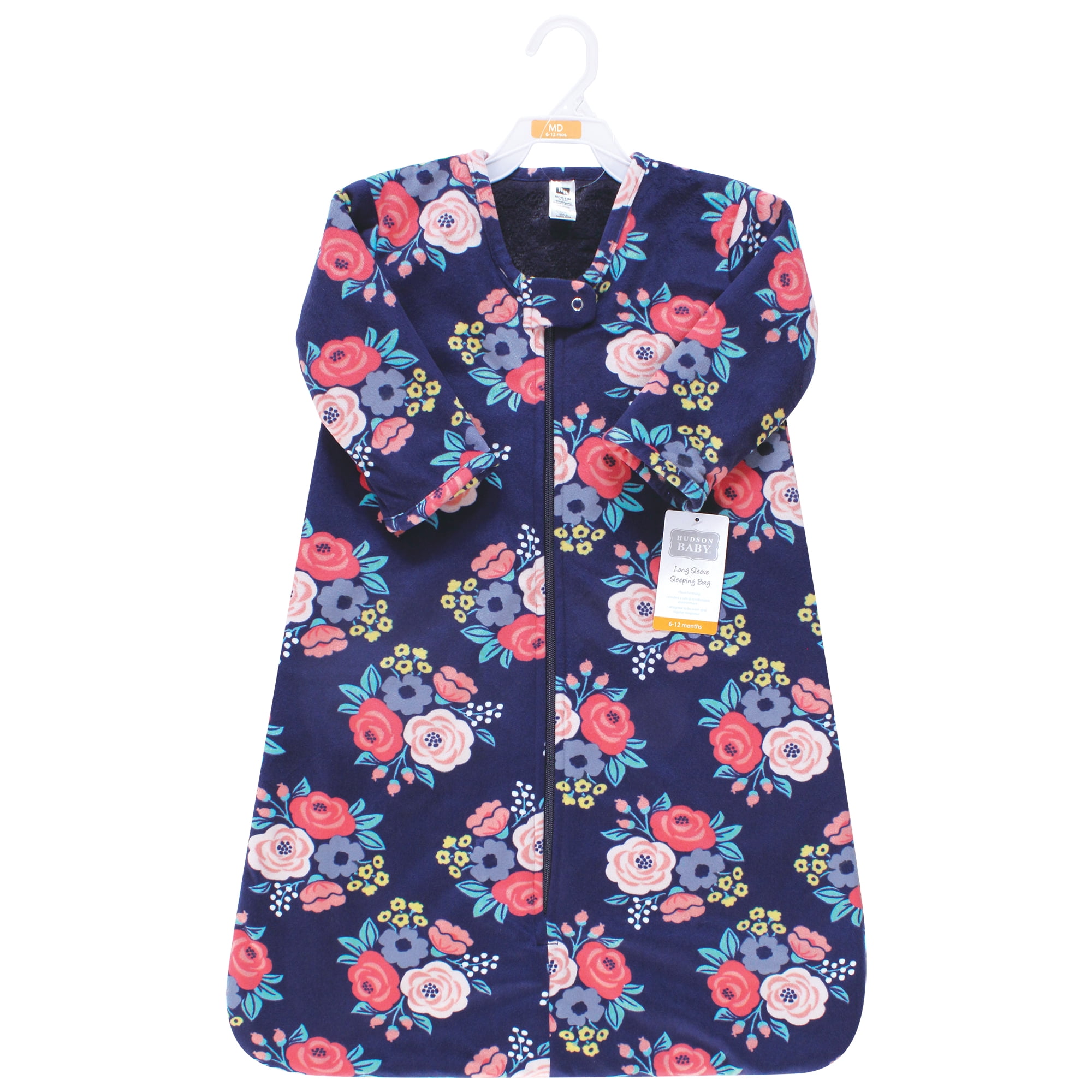 Hudson Baby Infant Girls Long Sleeve Plush Faux Fur Sleeping Bag, Wearable Blanket, Navy Bold Floral, 0-6 Months