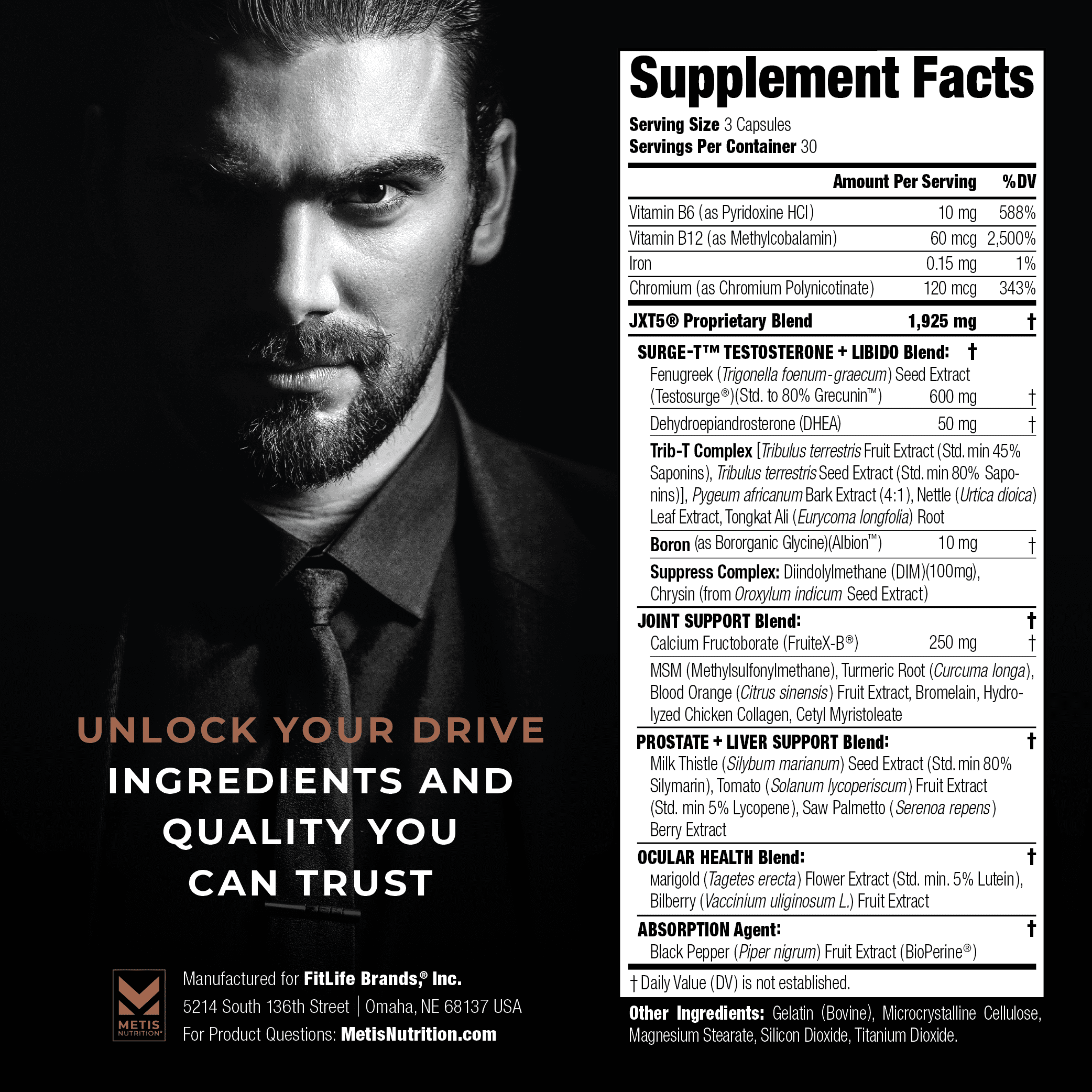 Metis Nutrition JXT5 Testosterone Booster and Joint Health - 5-in-1 Men's Health Supplement to Libido, Prostate, and Vision - Test Boost, Joint Support, and Improve Energy (90 Capsules)
