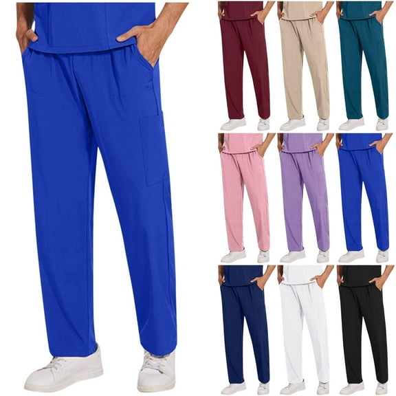 Men's Scrub Pants Solid Color Straight Barrel Draw Rope Elastic Waist Multiple Pockets Nursing Worker Pants