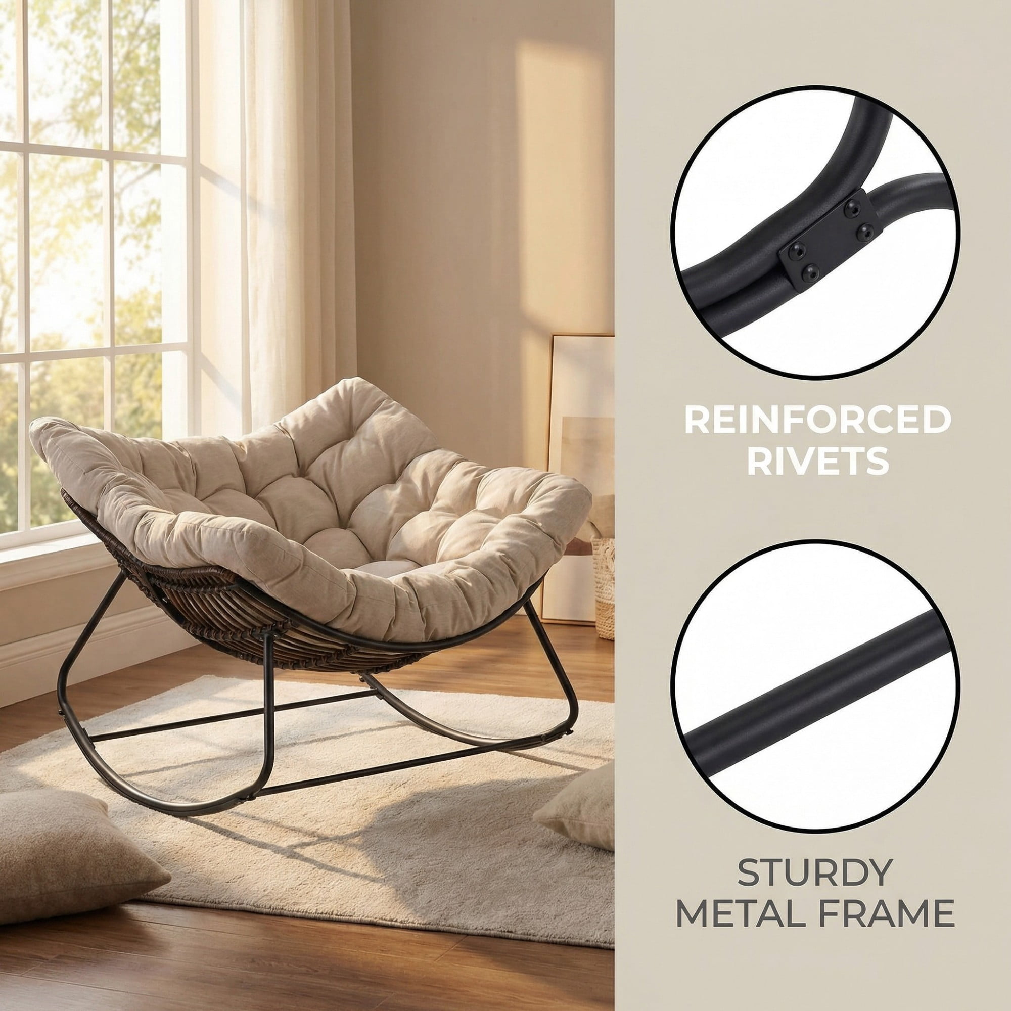 Outdoor Papasan Rocking Chair Oversized, Rattan Egg Rocker Chair with Padded Cushion, 400lbs Patio Wicker Rocking Chair for Living Room Porch Backyard, Light Gray