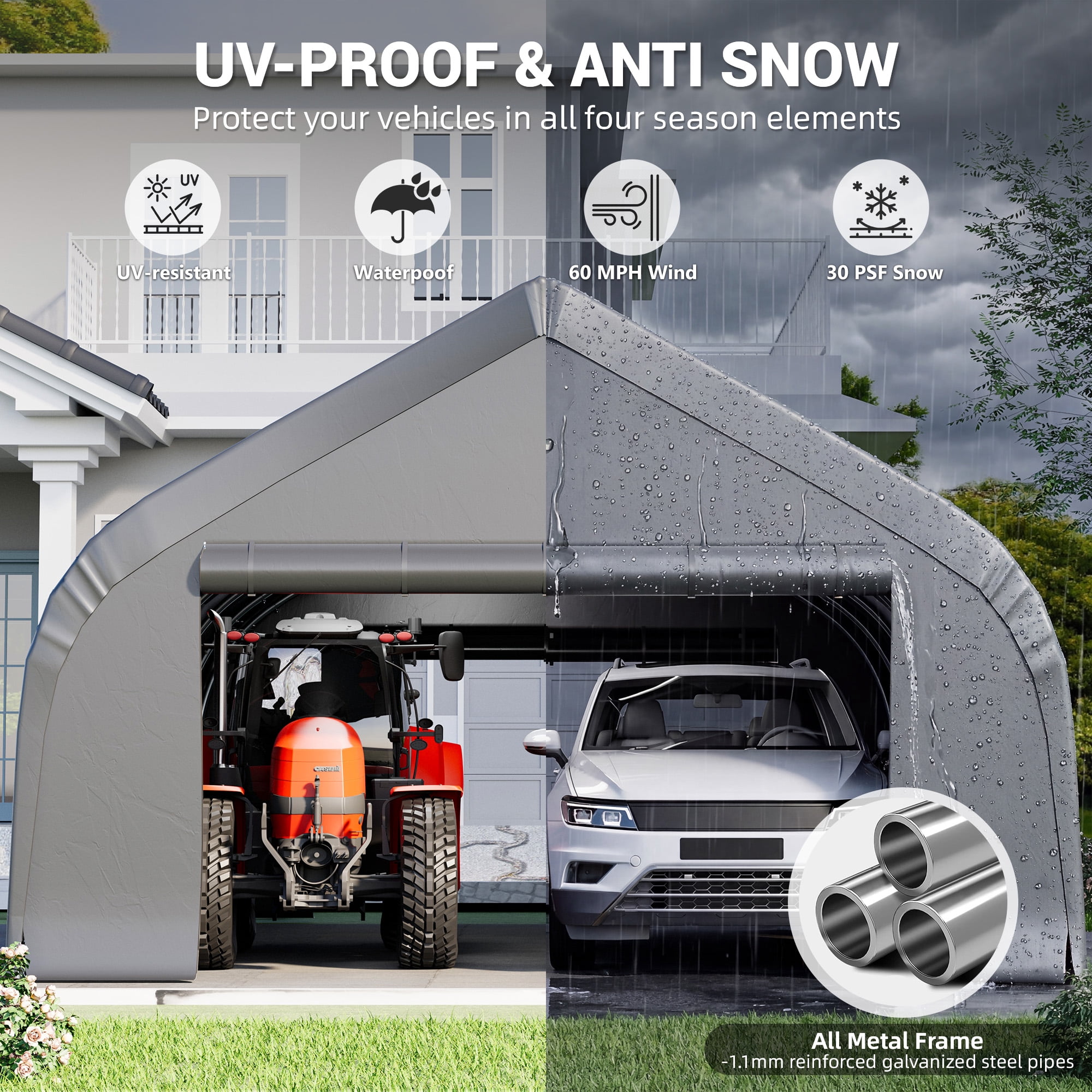 Mellcom 20x30 ft Heavy Duty Carport with Sides, Metal Carports with Galvanized Steel Frame, Fits 2 Cars, Boats, Farm Equipments