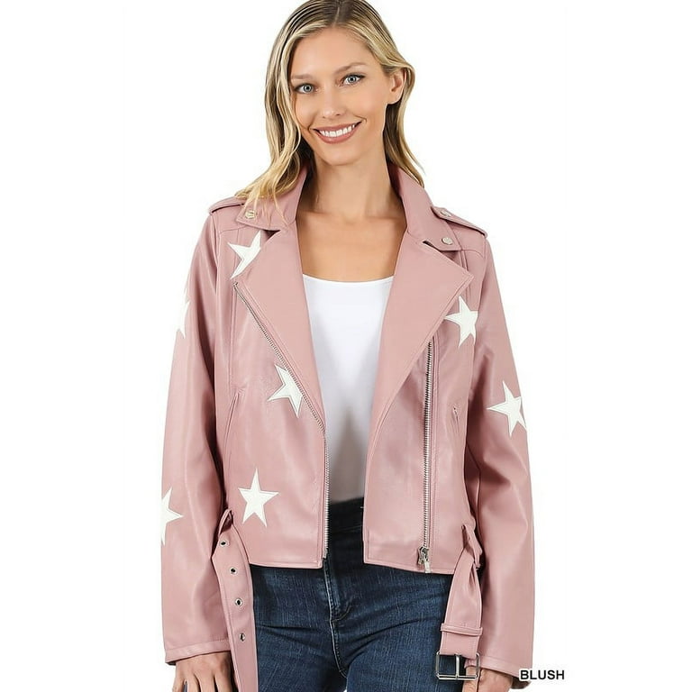 ZENANA Vegan Leather Moto Jacket with Star Patch, Belted ZENANA Vegan Leather Moto Jacket with Star Patch, Belted