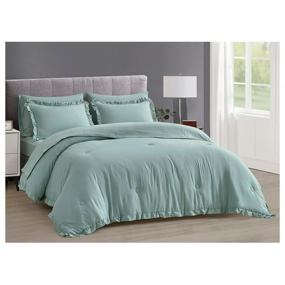 Eleanora Queen Bed in a Bag 7-Pieces Ruffled Edge Trim Soft Washed Double Brushed Microfiber Comforter with Sheets Lightweight All Season Bedding Set (Queen, Aqua) Aqua, Ruffled Edge
