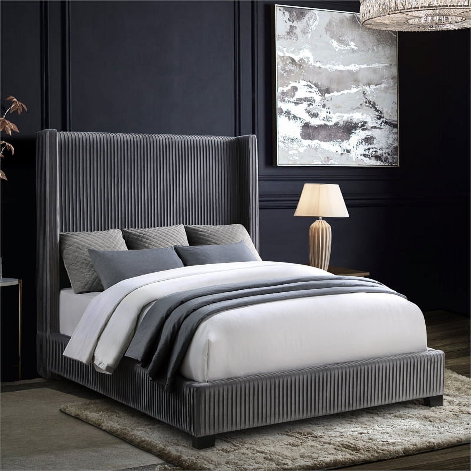 Pemberly Row Modern Velvet Fabric Upholstered Queen Bed in Dark Gray