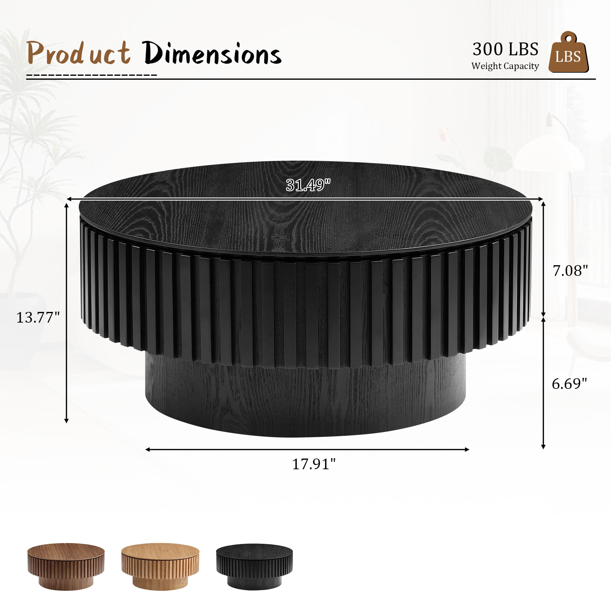 FFH 31.5" Round Coffee Table with Storage, Small Wood Coffee Table with Sturdy Pedestal for Living Room, Apartment, Black