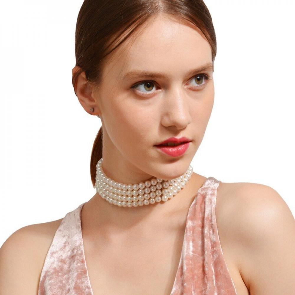 Delicate multi layer single simulated pearl choker necklaces for women