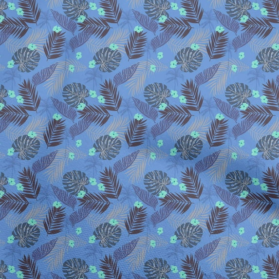 oneOone Polyester Spandex Medium Blue Fabric Tropical Leaf Fabric For Sewing Printed Craft Fabric By The Yard 56 Inch Wide