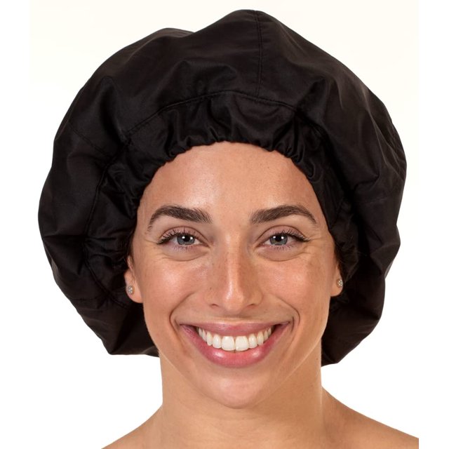Gorro de ducha premium para mujeres con cabello largo. Reutilizable 100% impermeable Doble cara Ideal para rizos con tejido anti-frizz forrado en rizo. Gorros de ducha negros para mujer.
