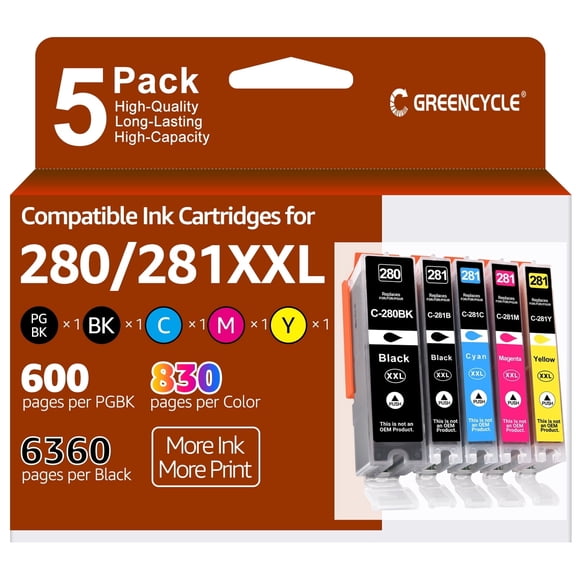 GREENCYCLE 280XXL 281XXL High Yield Ink Cartridges Combo Pack Replacement for Canon PGI280XXL CLI281XXL PGI-280XXL CLI-281XXL Compatible with PIXMA TR8620 TR7520 TR8622 TS9521C (5 PK)