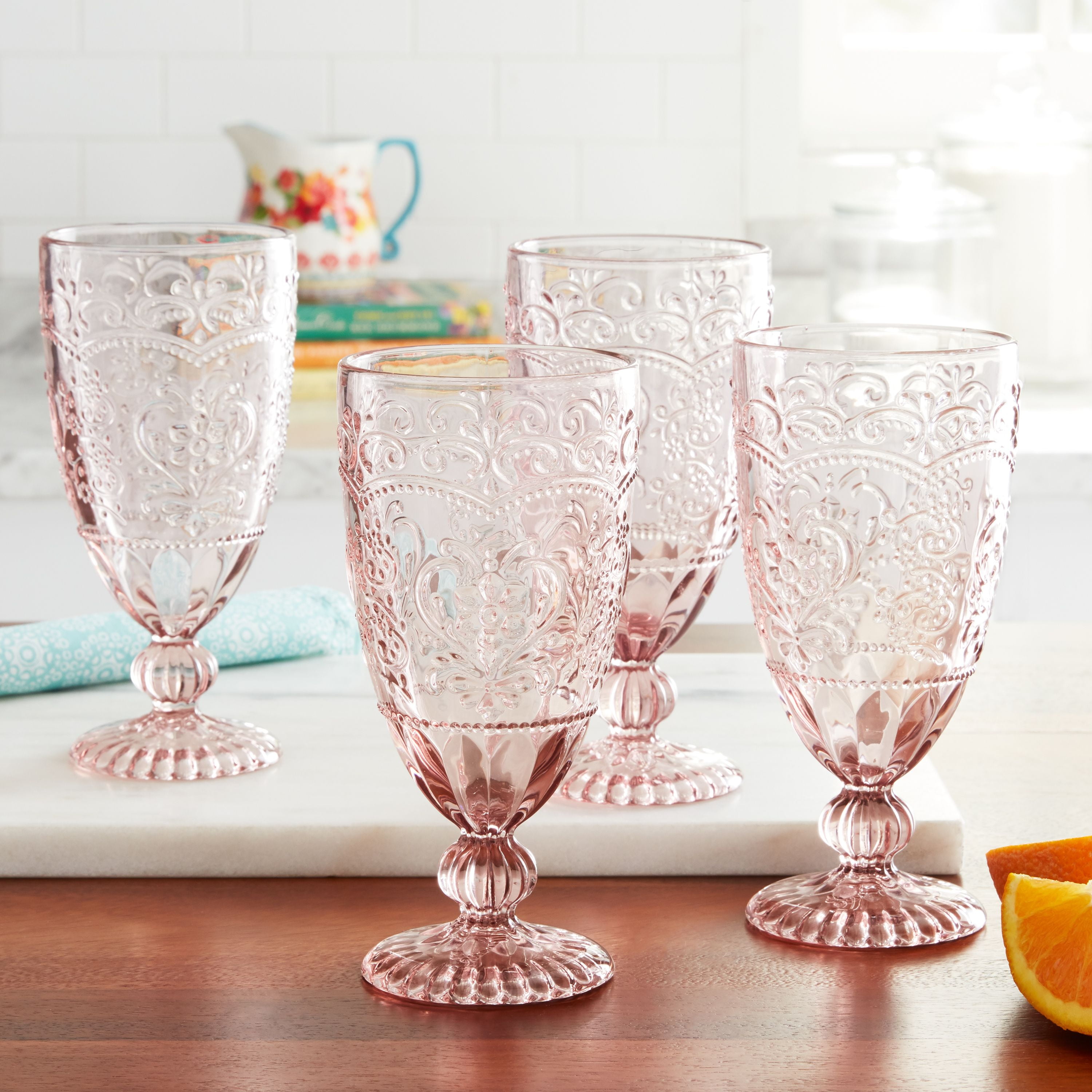 The Pioneer Woman Amelia Glass14.7 Ounce Rose Tea Goblets Set of