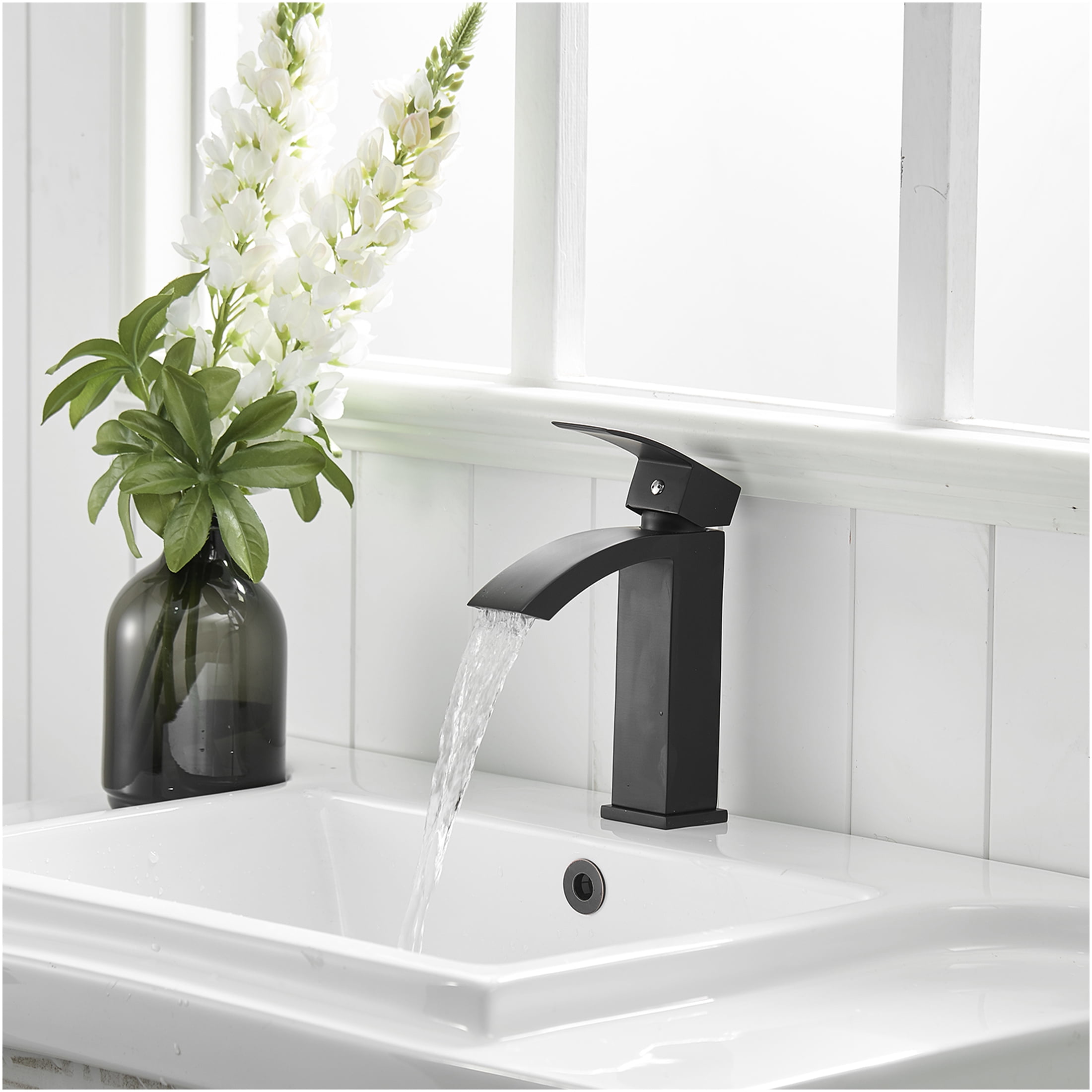JERFIT Modern Single Handle Bathroom Faucet, Brushed Black Waterfall Vessel Sink Faucet, Single Hole Vanity Basin Tap for Bathroom, Powder Room, Guest Bath