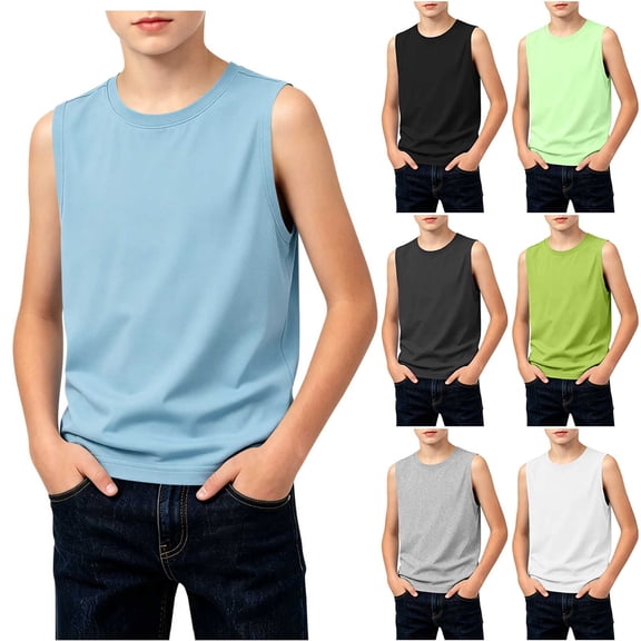 justHIGH Boys Cotton Tank Tops Kids Summer Sleeveless T-Shirts Casual Loose Fit Crew Neck Shirts Plain Basic Tees 3-14 Years Sky Blue,9-10 Years