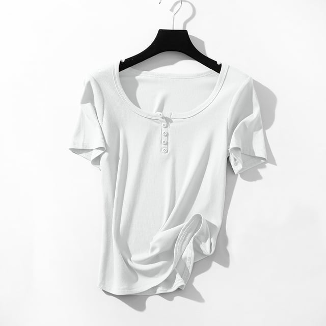 Fiudx Liquidación de Ahorros de Verano Camiseta de Manga Corta con Cuello Redondo y Botones de Color Liso para Mujer, Camiseta Básica de Verano para Mujer, Top/Camisa de Manga Corta con Cuello Redond