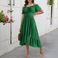 thumbnail image 7 of ClodeEU Women's Off Shoulder Puff Short Sleeve Waist Tie Irregular Midi Dress,Casual Summer Swing Dress Green,Women's Plus XXXL, 7 of 7