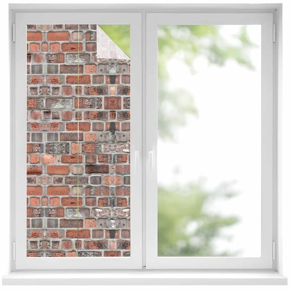 Window Privacy Film Red Brick Wall Stained Glass Window Film Decorative Sun Block Window Cover Vintage Farmhouse Stone Rocks Geometric Print Window Clings Static Sticker for Bathroom 17.7"x39.3"