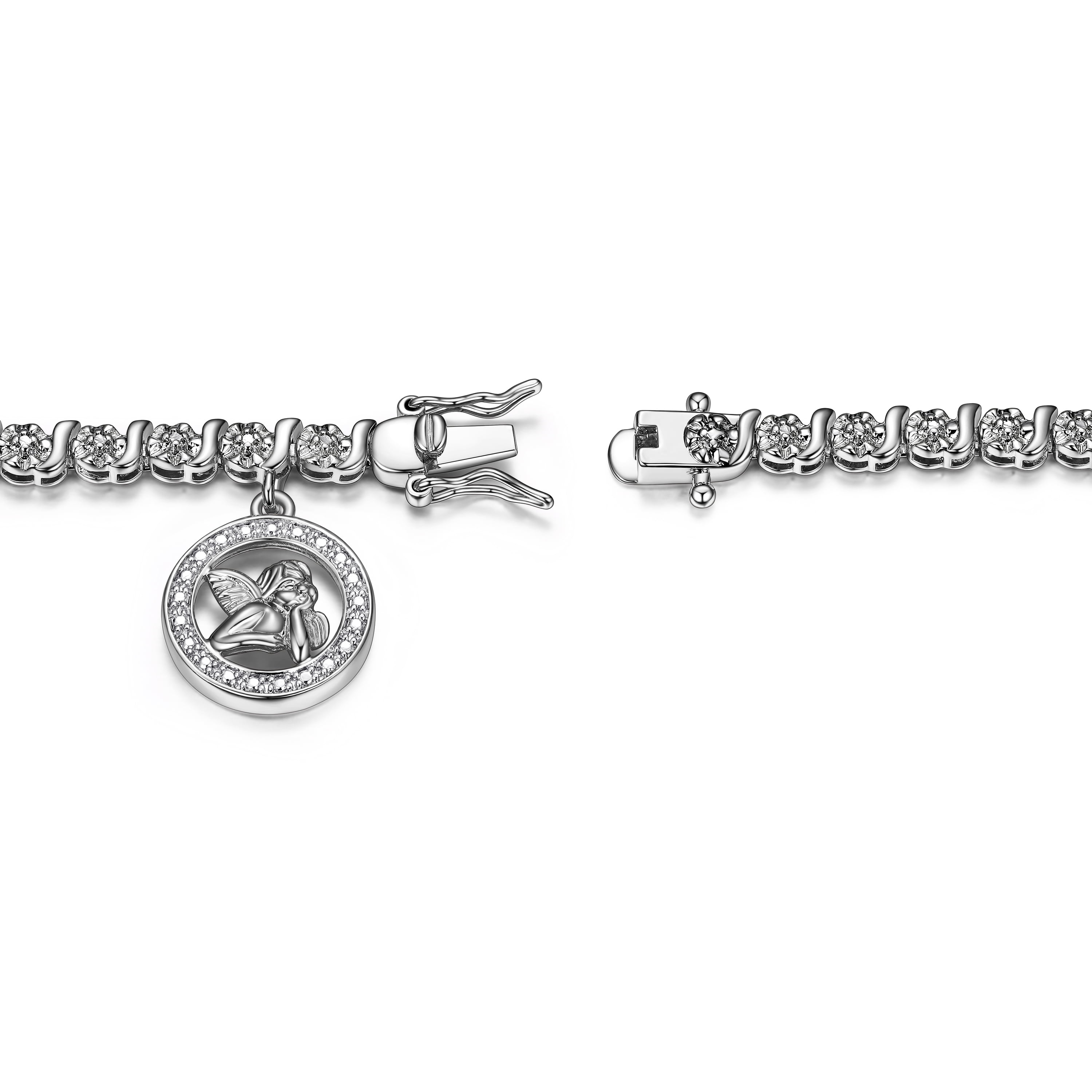 Rhodium Plated Diamond Accent Angel Charm Tennis Bracelet, 7.25"