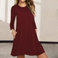 thumbnail image 4 of Fall Spring Dress Round Neck A-line Pockets Loose Big Hem Long Sleeves Mini Dress Pure Color Casual Dating Shopping Short Dress, 4 of 8
