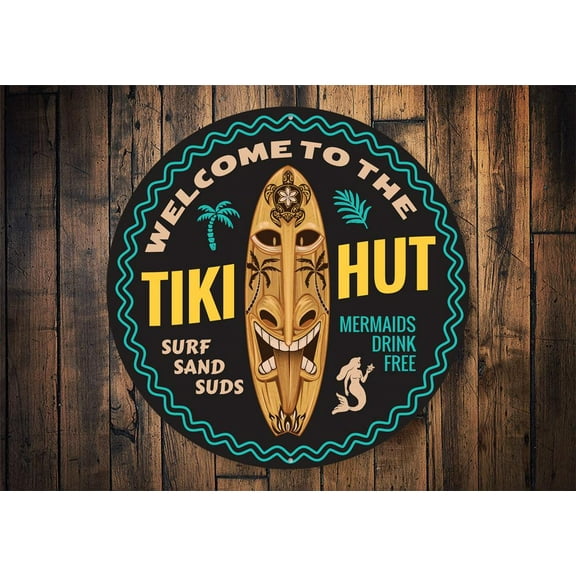 Tiki Hut Novelty Sign, Metal Wall Decor - 12" Round
