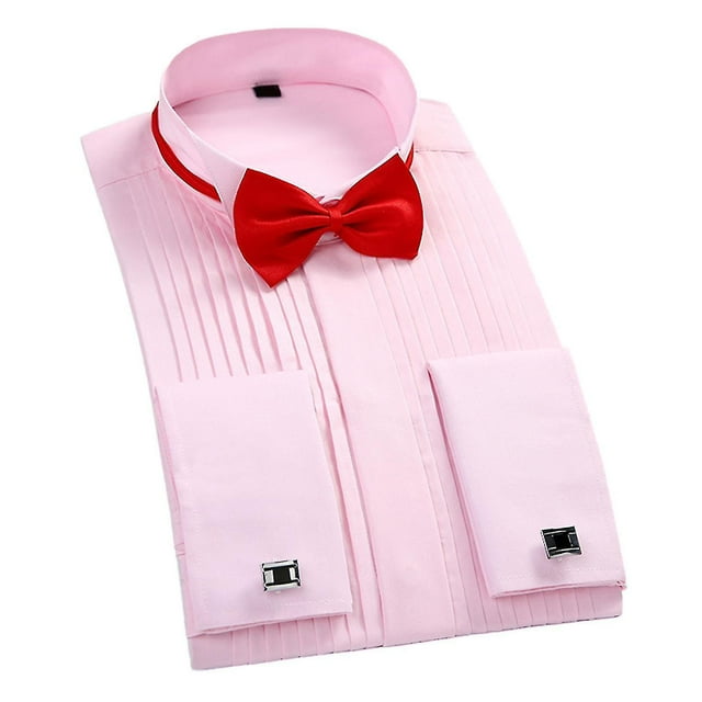 Camisa de esmoquin para boda, cuello con punta de ala y pajarita, camisa plisada, gemelos, Top Regular de manga larga para hombres