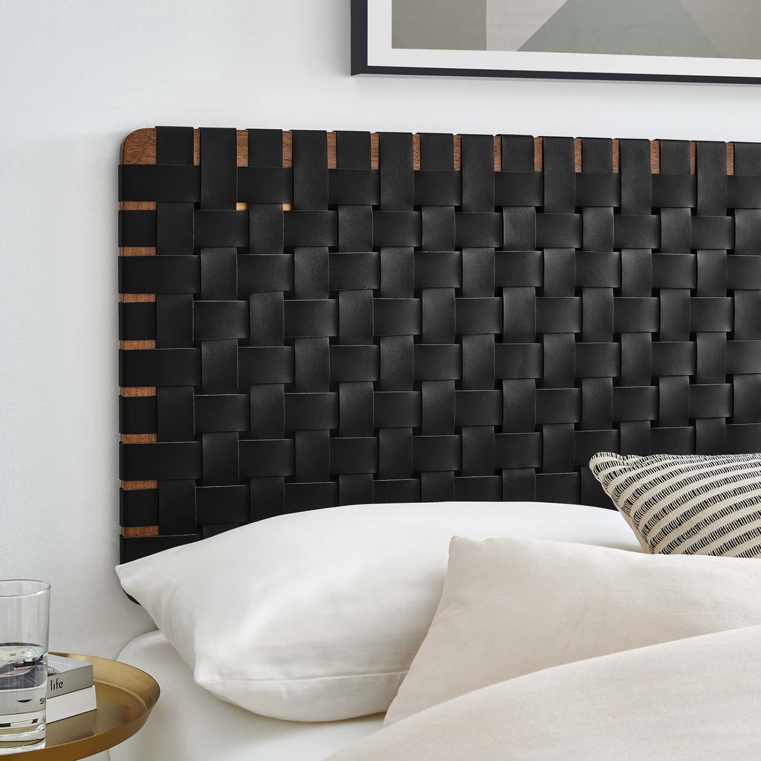 Headboard, Full Size, Walnut Black, Vegan Leather, Bedroom, Modern Contemporary HB36754