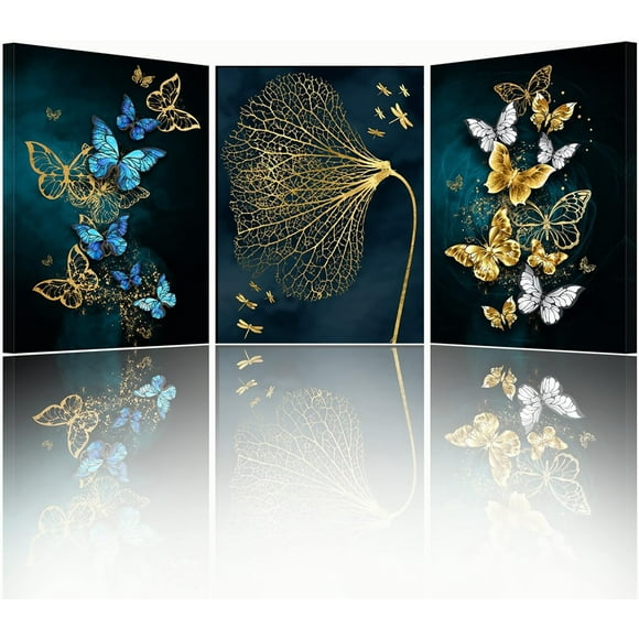 Butterfly Canvas Painting, Nordic Wall Art Poster, Gold Print Scandinavian Decoration Picture, No Frame Wall Pictures for Bedroom, Living Room, Artwork Home Decor (40 * 30 cm, 3 Pcs)