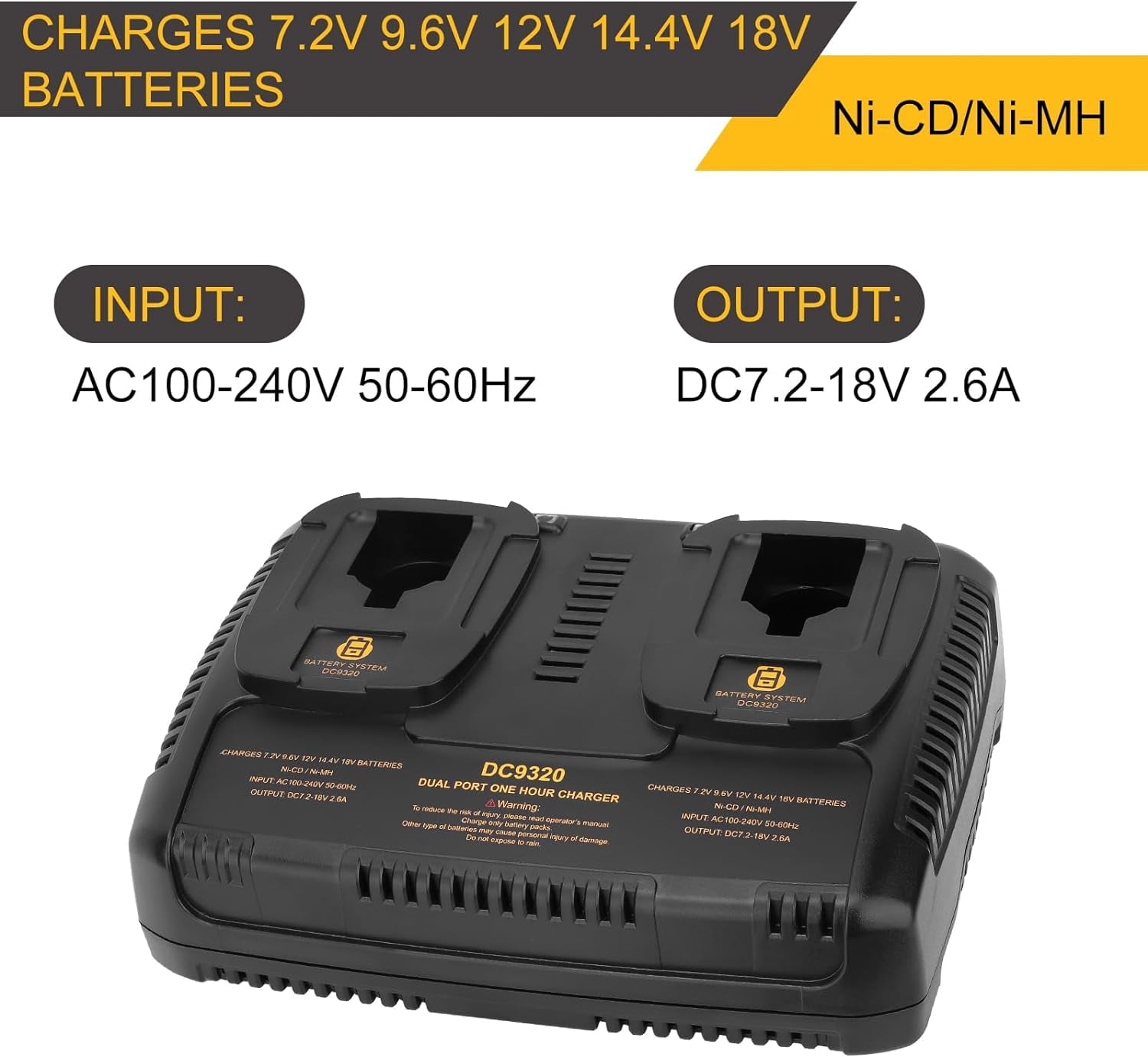 7.2V-18V Dual Fast Battery Charger DC9320 Compatible with Dewalt 7.2V 9.6V 12V 14.4V 18V Battery DC9096 DC9098 DC9099 DW9099 DW9057 DW9062 DC759