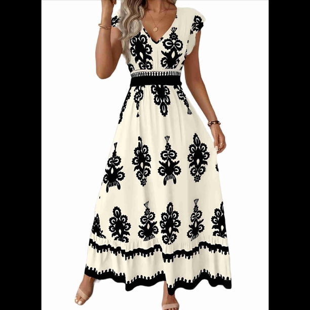 Vestidos de Verano para Mujer 2025, Vestidos Casuales con Mangas con Volantes, Vestidos de Verano Bohemios para Playa, Color Albaricoque S