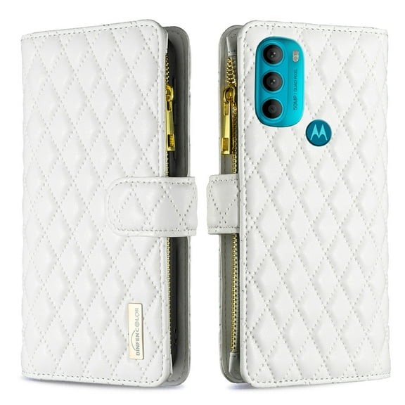 TECH CIRCLE Motorola Moto G71 5G Case 6.4" Phone 2022 - 9 Cards Slots Zipper Pocket Wallet Shockproof Protective Flip Cover Stand Case With Hand Strap for Girls Women - White