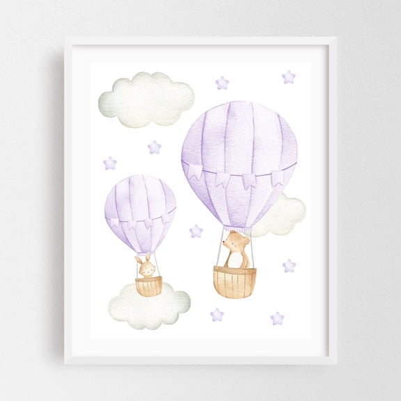 Purple Hot Air Balloon, Bear, Bunny, Forest Animals, Woodland Animals, Gender Neutral Nursery - Illustration Watercolor Hot Air Balloon Whimsical Animal White Framed Wall Art Print 18 x 24 inches
