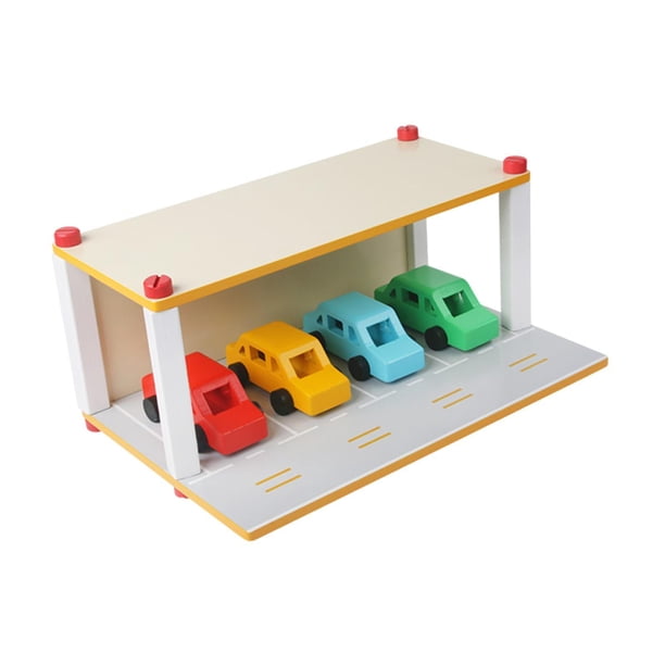 Estacionamiento de madera con juguetes para desarrollar automóviles, juego de garaje con autos de juguete para niños y niñas