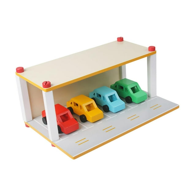 Estacionamiento de madera con juguetes para desarrollar automóviles, juego de garaje con autos de juguete para niños y niñas