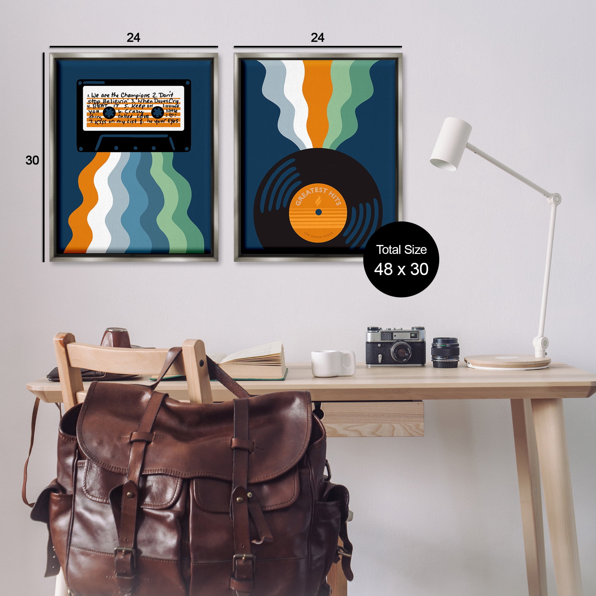 Stupell Industries Retro Music with Stripes Abstract Painting Gray Floater Framed Canvas Art Print Wall Art, 25 x 31, Set of 2