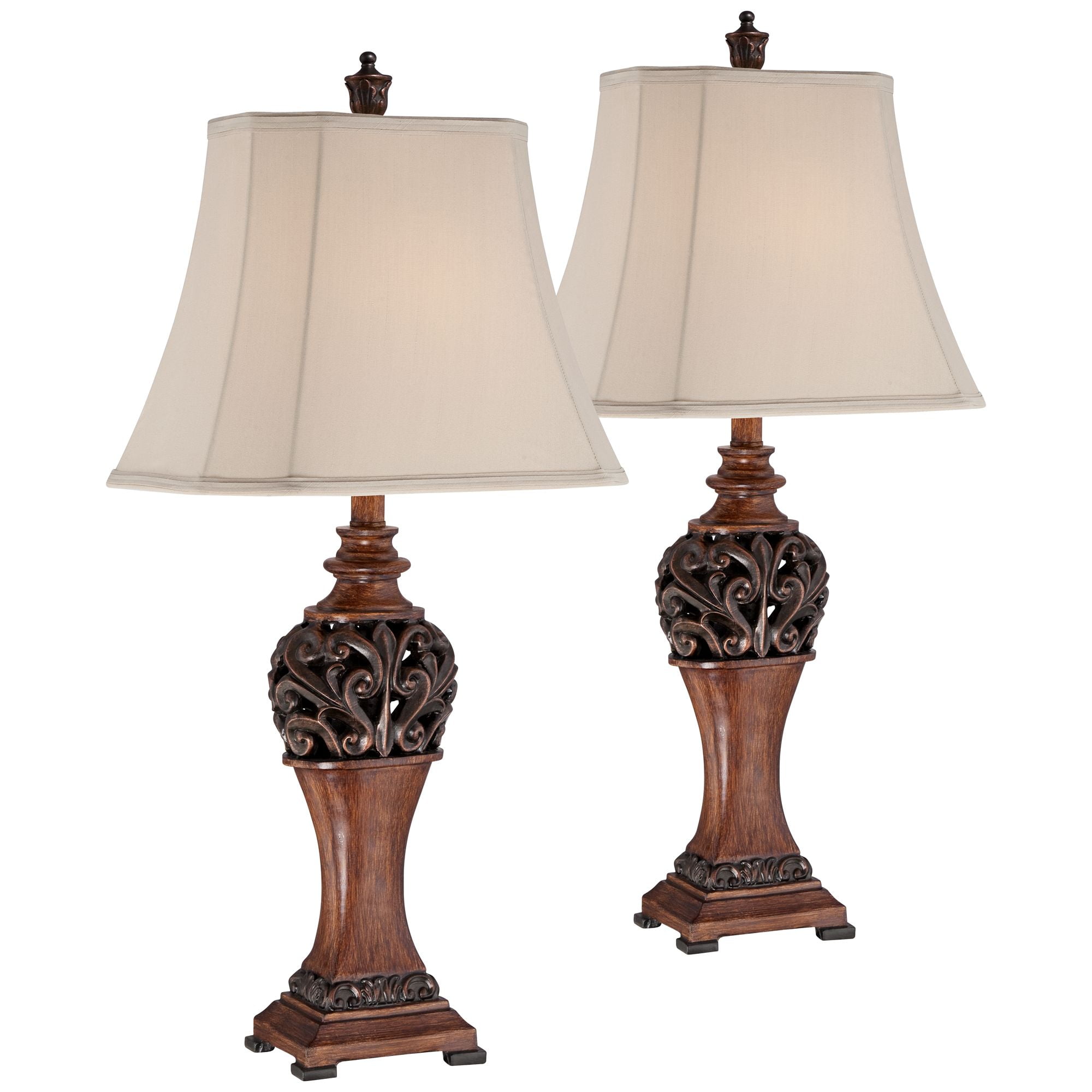 Regency Hill Exeter Traditional Table Lamps 30" Tall Set of 2 Bronze Wood Carved Leaf Cream Rectangular Bell Shade for Bedroom Living Room Bedside