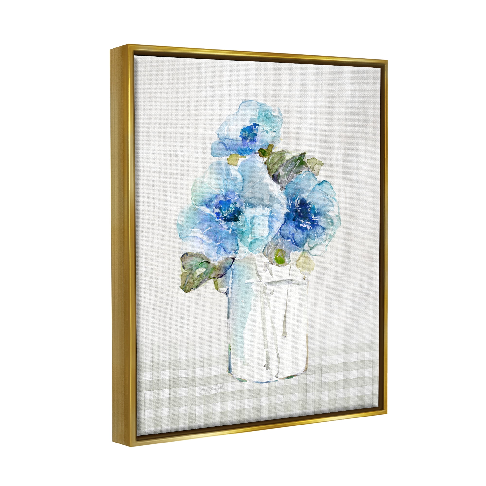 Stupell Industries Blue Flowers on Tartan Botanical & Floral Painting Gold Floater Framed Canvas Art Print Wall Art, 17 x 21