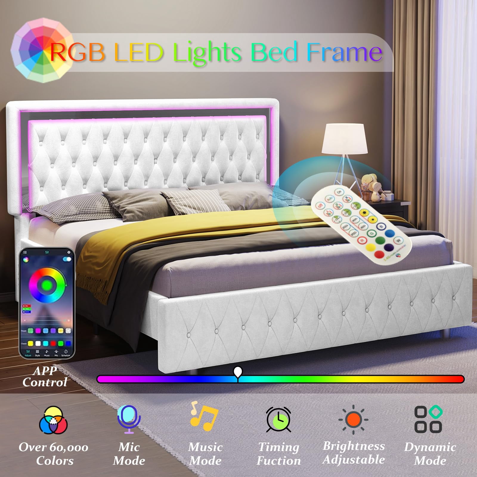 Merluxy Velvet Upholstered Bed Frame with LED Lights Headboard/No Box Spring Needed,Full,White