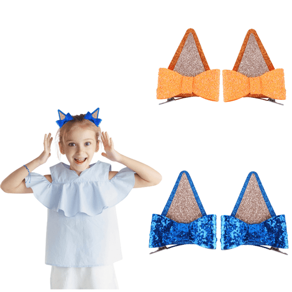 MODANU 2 Pairs Dog Ears Hair Clips Hair Bow Barrettes Glitter Dog Ear Festival Costume Accessories Birthday Party Supplies Gift (Blue Orange)
