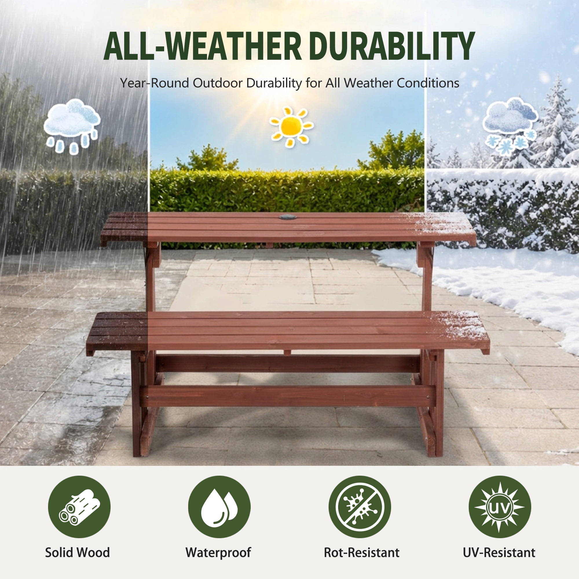 2-in-1 Convertible Bench Picnic Table, Outdoor Folding Dining Set with Backrest & Umbrella Hole, Solid Wood Waterproof & UV Resistant, For Backyard, Patio, Garden, Park Walkway