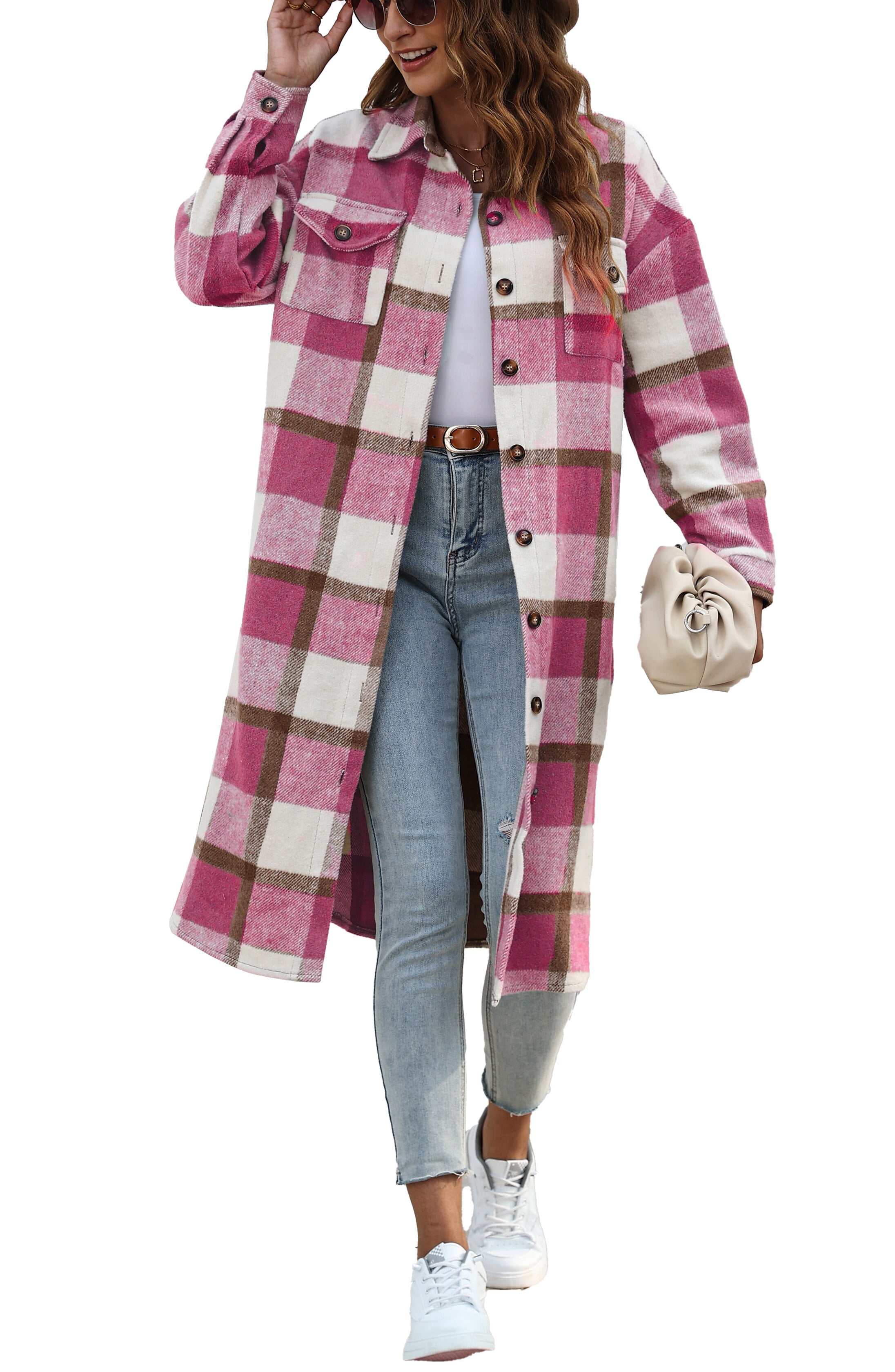 Fantaslook Flannel Shirts for Women Button Up Plaid Shirt Long Pocketed Shacket Jacket Coat