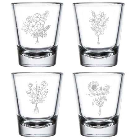Set of 4 Shot Glasses 1.75oz Shot Glass Gift Flower Bouquet Collection