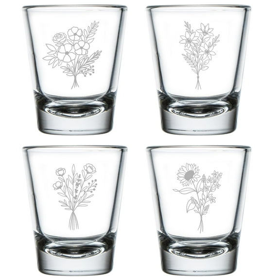Set of 4 Shot Glasses 1.75oz Shot Glass Gift Flower Bouquet Collection