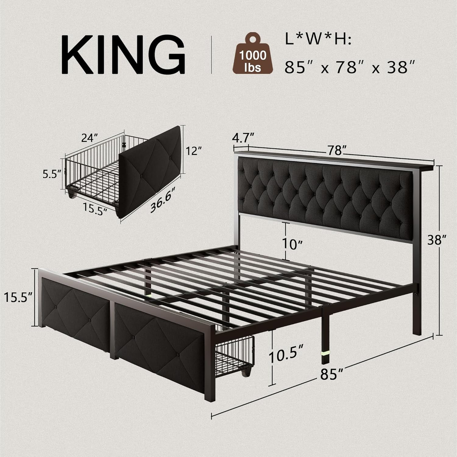 Honfach King Bed Frame with 2 Storage Drawers, Linen Upholstered Headboard Platform Bed with Charging Station, No Box Spring Needed, Noise-Free, Easy Assembly,Black