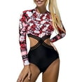 thumbnail image 3 of Womens Swimsuits 1 Piece Floral Tummy Control Long Sleeve Sun Protection Swimwear Padded Bikini Swimwear Red Athletic Bathing Suit M, 3 of 7