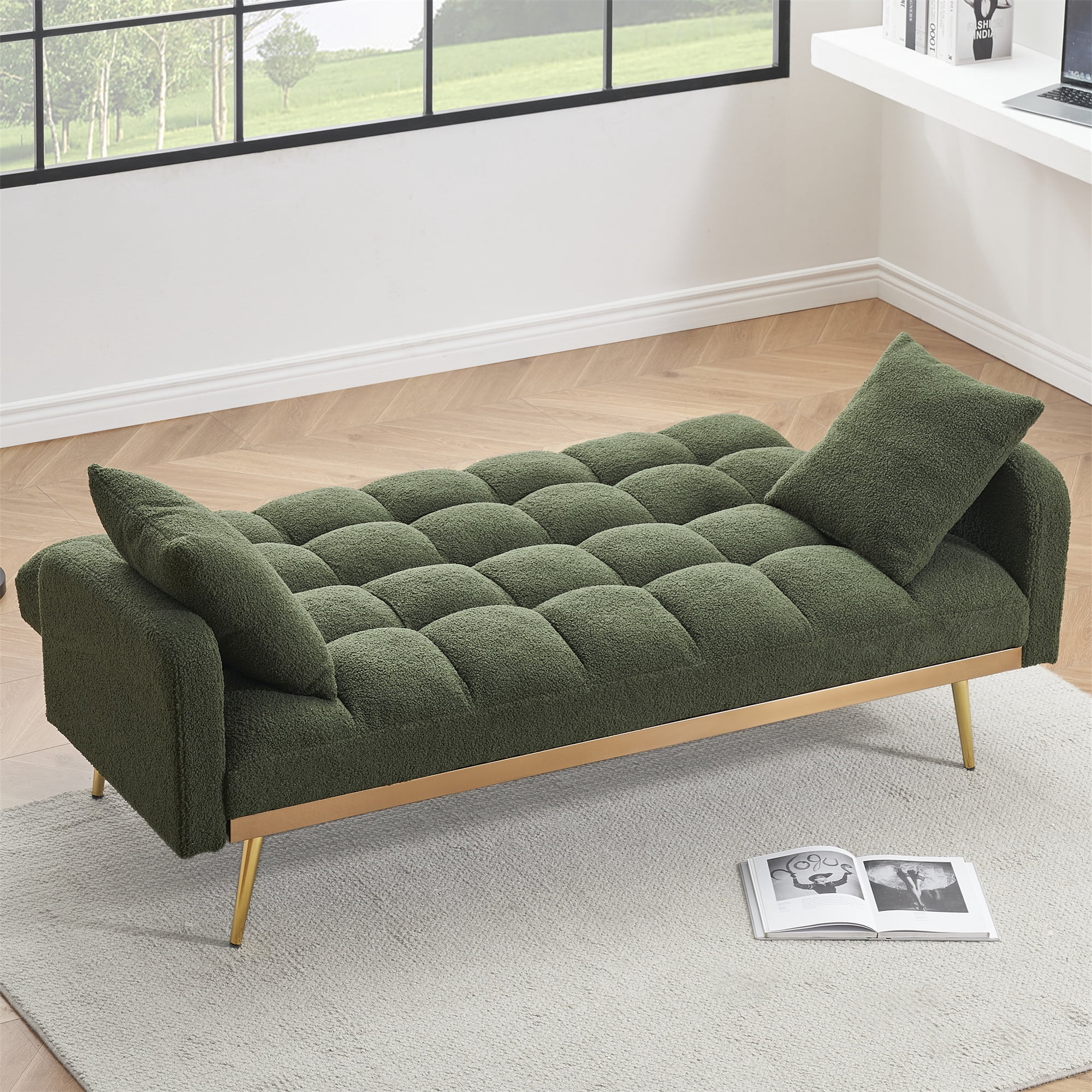 Aukfa Square Tufted Futon Convertible Sofa Bed for Home Office, 2 Pillows, Teddy Fleece, Green