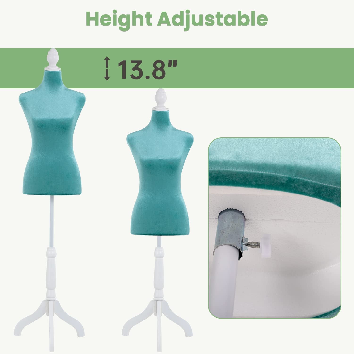 Mannequin Body Female, Dress Form Mannequin Torso Manikin with 49.6-63.6 inch Height Adjustable Wooden Tripod Stand, High Density Foam Portable Display Mannequin for Sewing Dress Display, Green