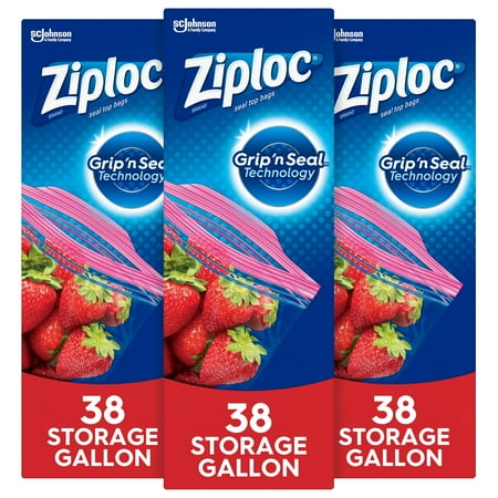 Ziploc® Brand Storage Bags with Grip 'n Seal Technology, Gallon, 38 Count, Pack of 3 (114 Total Bags)