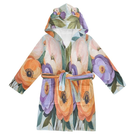 FORMRS Niños Bathrobe Unisex Hooded Robe Soft Plush Pajamas Sleepwear, Size 2-3T, Bright Flowers
