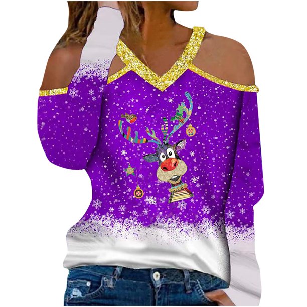 Blusa informal de manga larga con estampado de Navidad y cuello en V para mujer Pompotops gfhjh20428