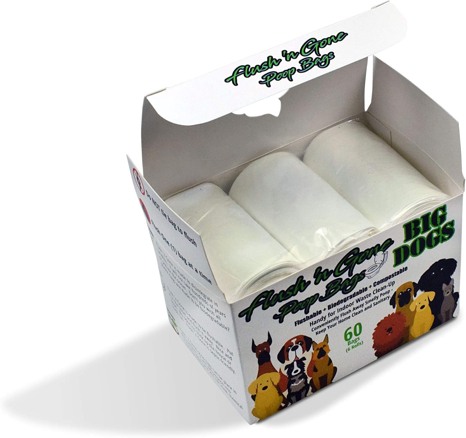 Flush 'n Gone Poop Bag for BIG DOGS - 6 rolls (60 Bags) - Flushable Poop Bags for Better Environment